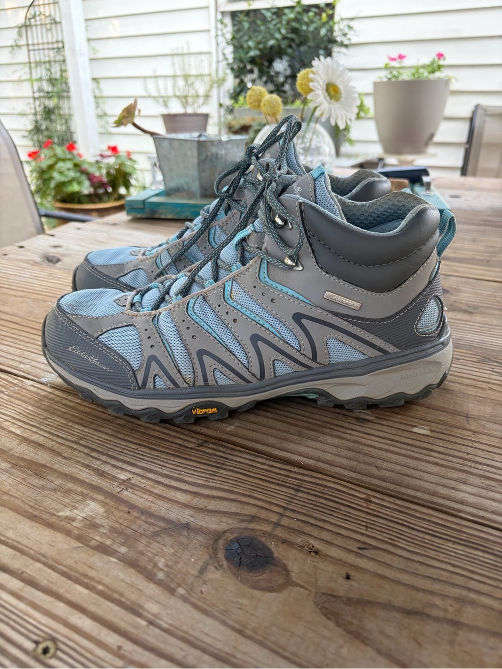 Eddie Bauer Women’s 10 Waterproof Hiking Boots Gray Blue Vibram Trail Shoes